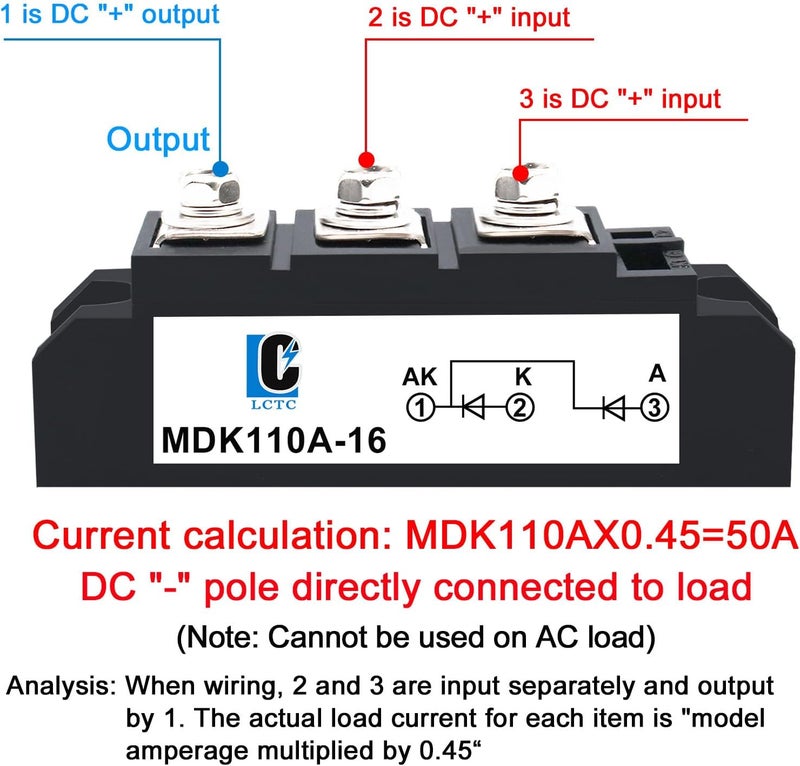 LCLCTC Solar Diodes blocking Diode MDK 110A (100A)-16 for DC;One Way Inline;Commonly Used in photovoltaics confluence, Solar Energy, Generally Used with Solar Cells and Solar Panels(MDK 110A-16) - Image 3